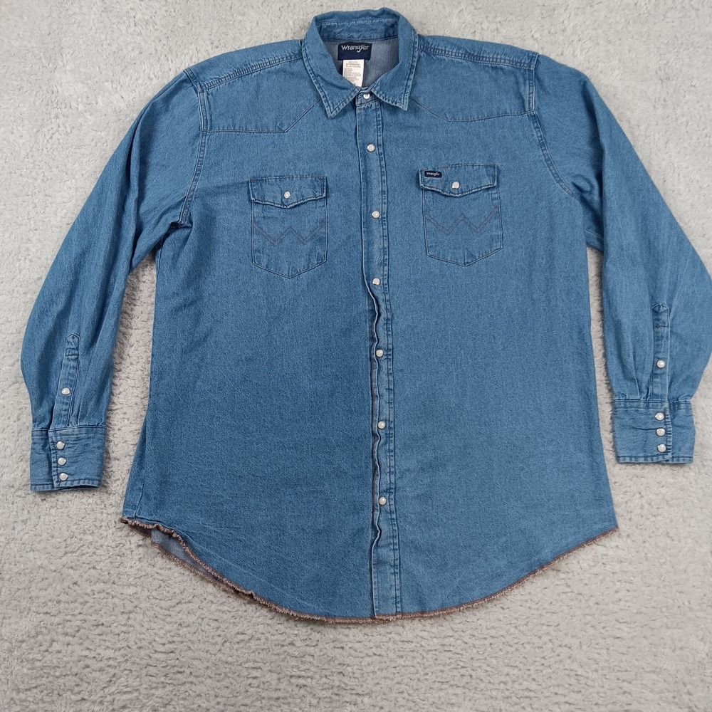Wrangler Western Shirt Mens 2XT Blue Denim Pearl Snap Raw Hem MS7127D